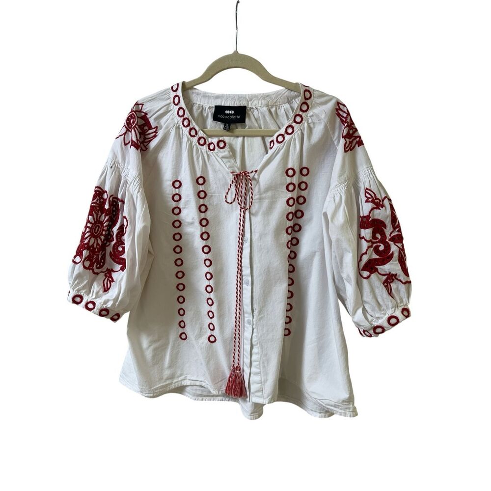 Coco Colette blouse top white with red embroidery cut out design size Medium